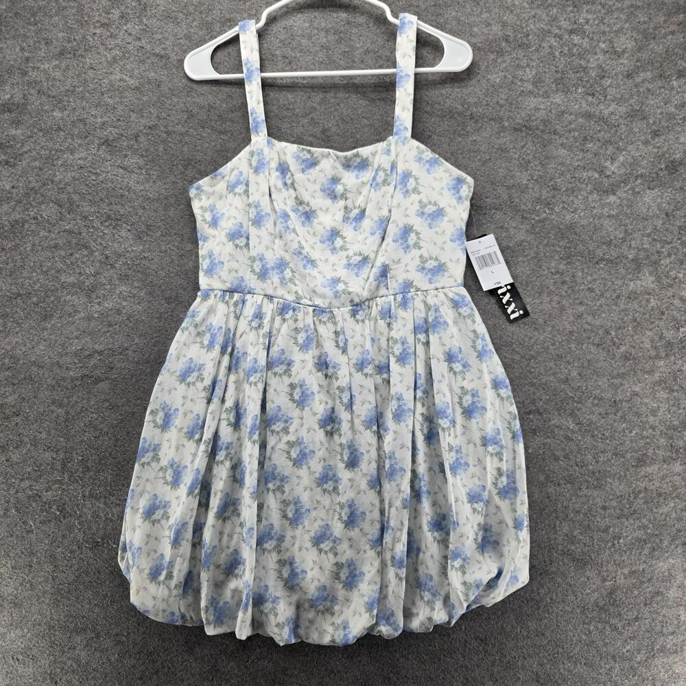 Trixxi Dress Womens Large White Blue Floral Bubble Hem Fit & Flare Sundress